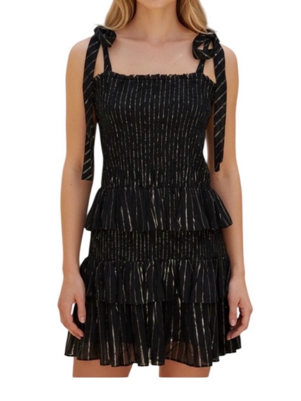 House of Harlow 1960 Black Mini Dress with Metallic Stripes